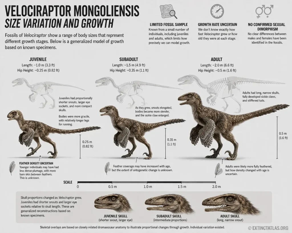 Semi-infographic photorealistic comparison of Velociraptor mongoliensis growth stages showing juvenile, subadult, and adult with anatomical changes, gracile juvenile body, longer hindlimbs, uncertain feather density, and labeled size measurements.