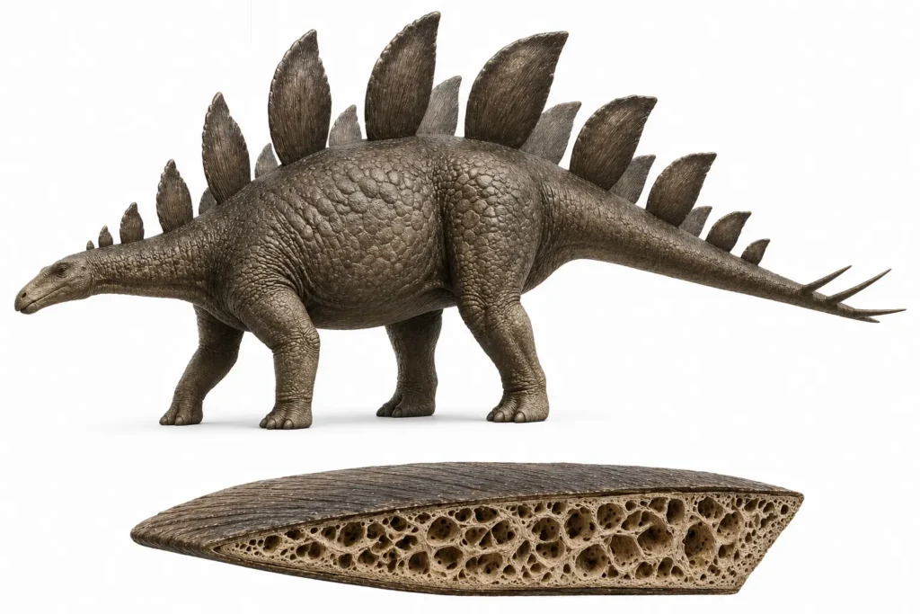 Stegosaurus stenops in three-quarter view showing thin, alternating dorsal plates with clear spacing and vertical orientation, isolated on a white studio background