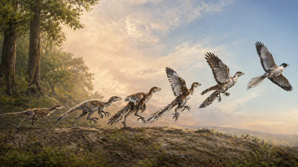 Evolutionary sequence from small feathered theropod dinosaurs to modern birds showing gradual development of flight adaptations