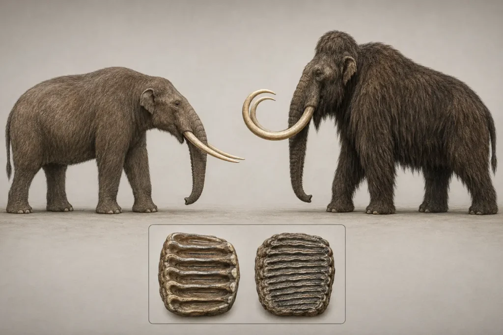 Face-to-face comparison of an American mastodon and a woolly mammoth standing opposite one another at equal scale. The mastodon on the left has a lower, elongated skull, relatively straight tusks, a stockier body, and a shorter hair coat. The woolly mammoth on the right has a high domed skull, strongly curved tusks, a pronounced shoulder hump, and a dense shaggy coat. Between them, a central inset compares the distinct molar teeth of each species. The image is designed to show the key anatomical differences between mastodons and woolly mammoths through direct visual comparison.