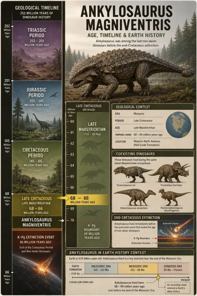 Educational infographic showing when Ankylosaurus magniventris lived, highlighting its 68–66 million-year-old temporal range within the Late Maastrichtian, its position near the K–Pg extinction event, and its place within Earth's geological history.