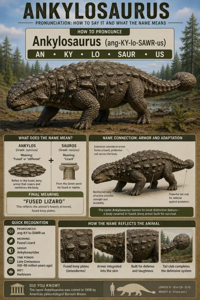 Educational infographic explaining how to pronounce Ankylosaurus and the meaning of its name. The image features a full-body reconstruction of Ankylosaurus magniventris alongside pronunciation guides, Greek word origins, armor explanations, and anatomical callouts showing the armored dinosaur’s defensive adaptations.
