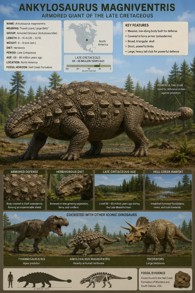 Educational infographic showing Ankylosaurus magniventris, a heavily armored Late Cretaceous dinosaur with extensive osteoderms, a broad low skull, short powerful limbs, and a large tail club. The image includes quick facts about its size, diet, habitat, age, and coexistence with Tyrannosaurus rex and Triceratops.