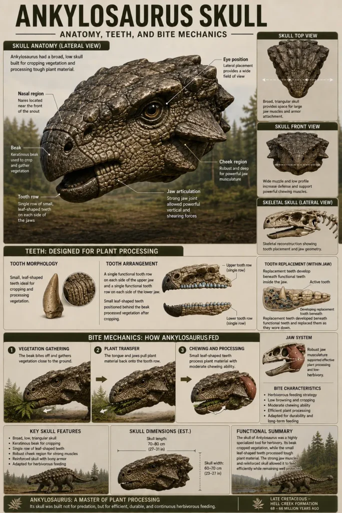Educational infographic showing the skull anatomy of Ankylosaurus magniventris, including lateral, top, front, and skeletal views, tooth structure, tooth replacement, jaw musculature, and bite mechanics used for processing plant material.