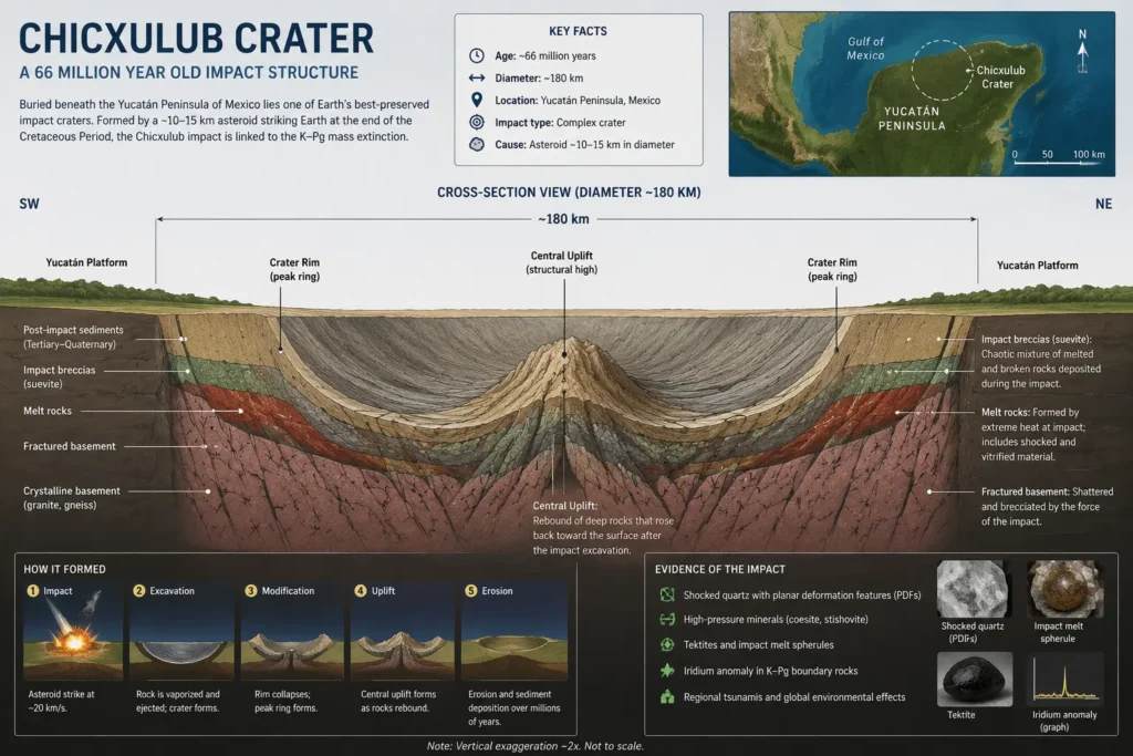 Scientific cross-sectional diagram of the Chicxulub impact crater showing the peak ring structure, impact breccias, melt rocks, fractured basement rocks, and crater geometry beneath the Yucatán Peninsula.