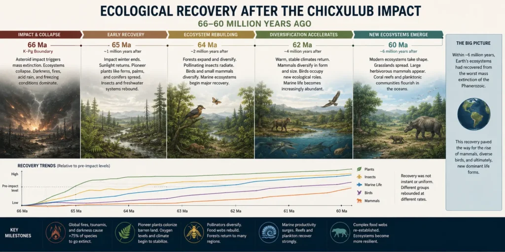 Timeline infographic showing ecological recovery after the Chicxulub impact from 66 to 60 million years ago, including ecosystem rebuilding, species diversification, and the rise of mammals.