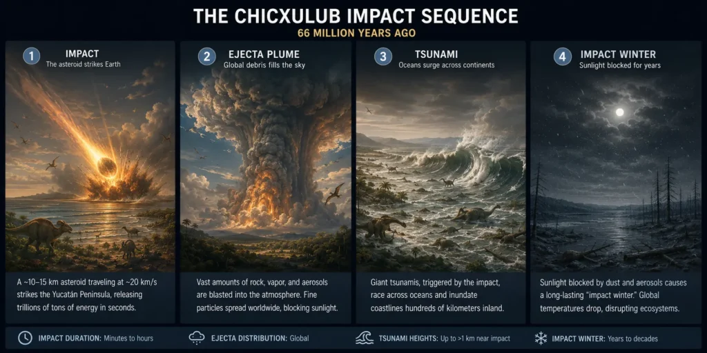 Four-panel infographic showing the Chicxulub impact sequence including asteroid impact, ejecta plume, tsunami generation, and global impact winter during the K–Pg extinction event.