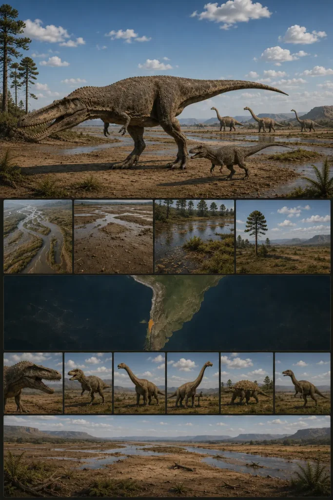 Semi-infographic scientific reconstruction of Giganotosaurus carolinii in its Late Cretaceous Candeleros Formation habitat in Patagonia, Argentina. An adult and juvenile Giganotosaurus stand on a semi-arid braided-river floodplain while giant sauropods occupy the background. Educational habitat panels illustrate the ecosystem, climate, wetlands, river channels, and environmental conditions of this apex predator's ecosystem.