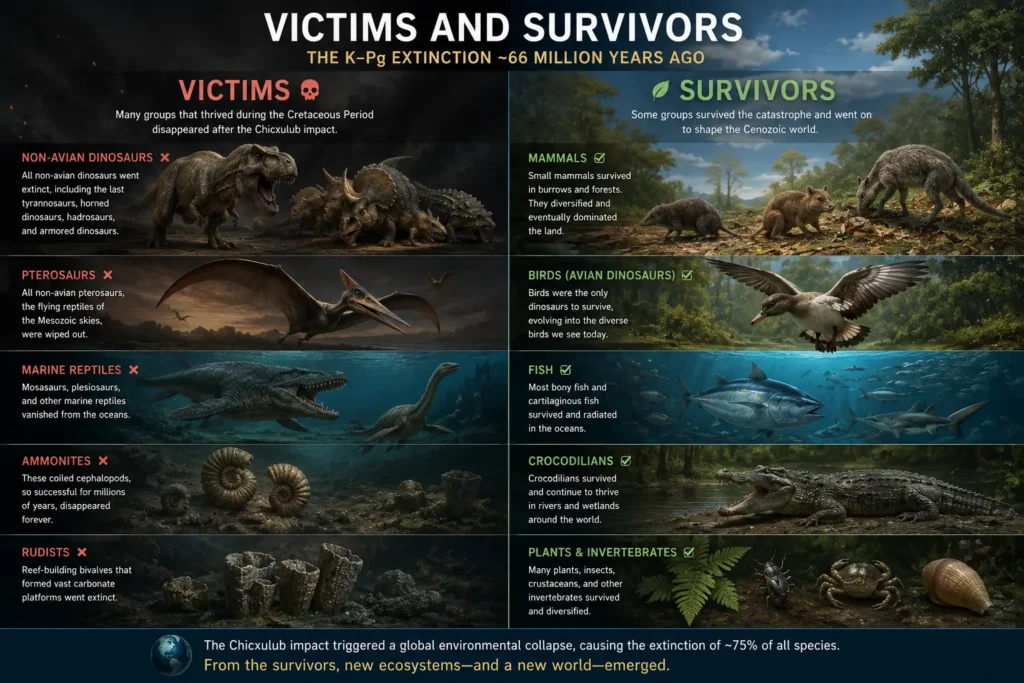 Split infographic comparing organisms that became extinct and those that survived the Chicxulub impact and K–Pg mass extinction 66 million years ago.