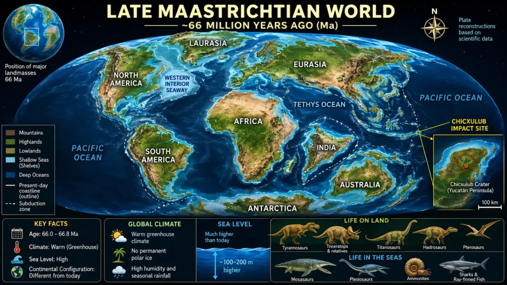 Paleogeographic reconstruction of Earth during the Late Maastrichtian approximately 66 million years ago, showing continental positions, shallow seas, greenhouse climate conditions, and the Western Interior Seaway.
