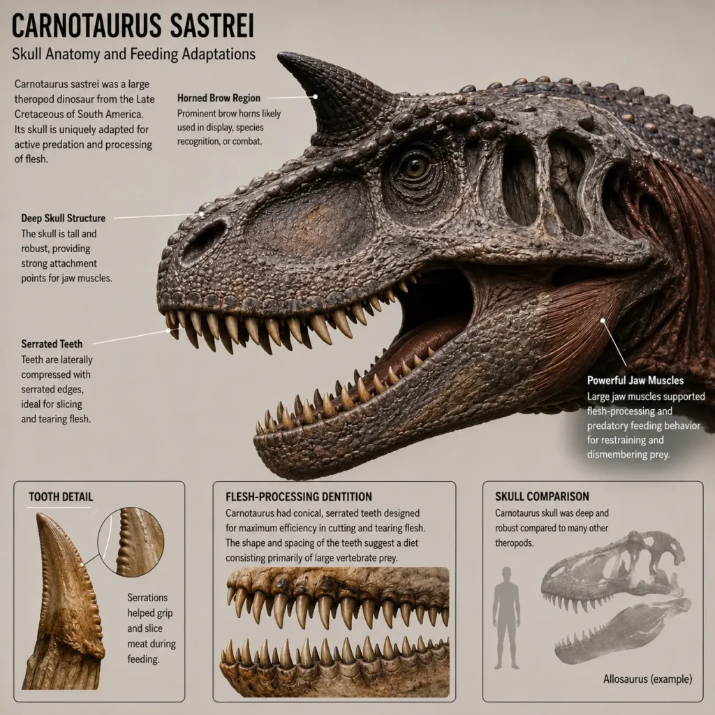 Scientific reconstruction of the Carnotaurus skull showing serrated teeth, horned brow region, deep skull structure, and feeding adaptations associated with a carnivorous lifestyle.
