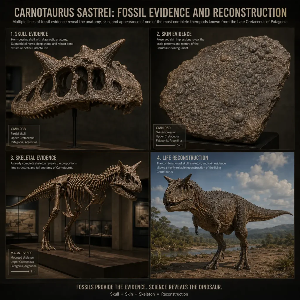 Educational infographic showing the main fossil evidence for Carnotaurus sastrei, including a horn-bearing skull fossil, preserved skin impressions, a mounted skeleton, and an evidence-based life reconstruction.