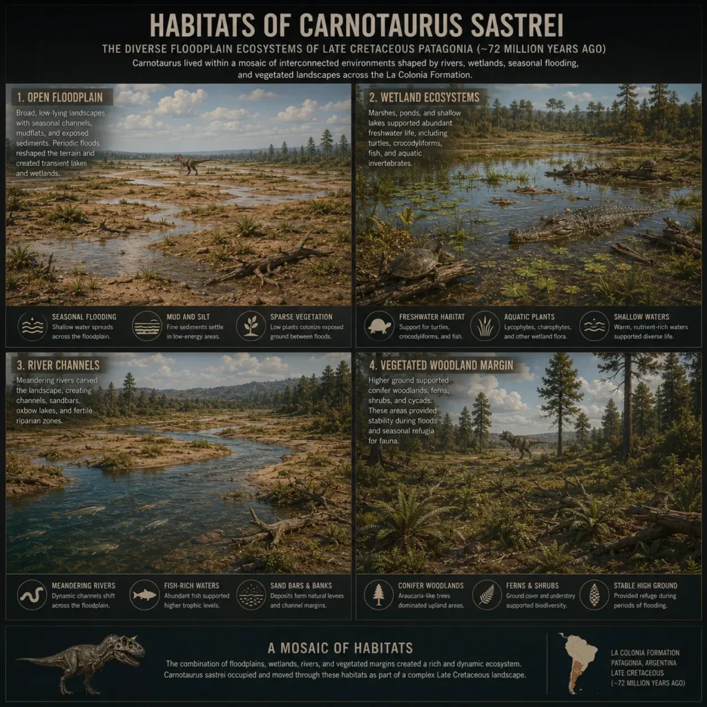 Educational infographic showing four habitat types inhabited by Carnotaurus sastrei, including open floodplains, wetlands, river channels, and vegetated woodland margins in Late Cretaceous Patagonia.