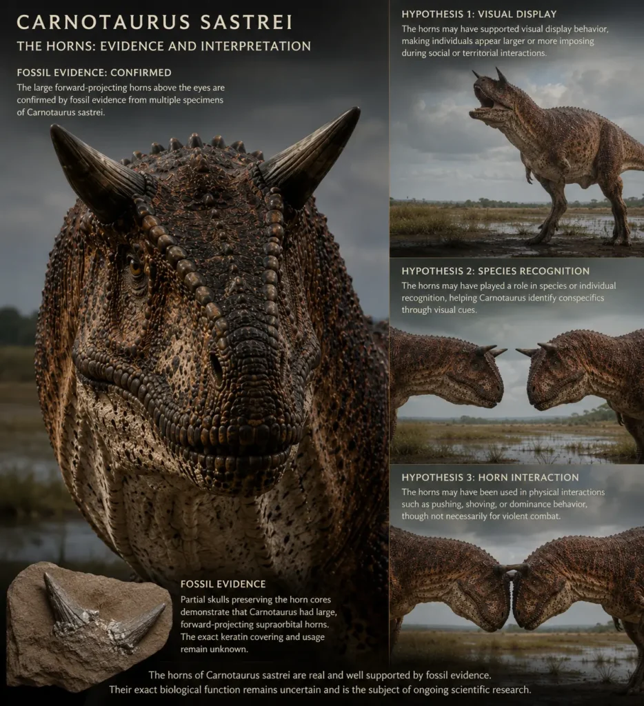 Educational composite showing the horns of Carnotaurus sastrei, featuring a large close-up reconstruction of the horned skull, a fossil horn specimen, and three scientific hypotheses for horn function including visual display, species recognition, and physical interaction between individuals.