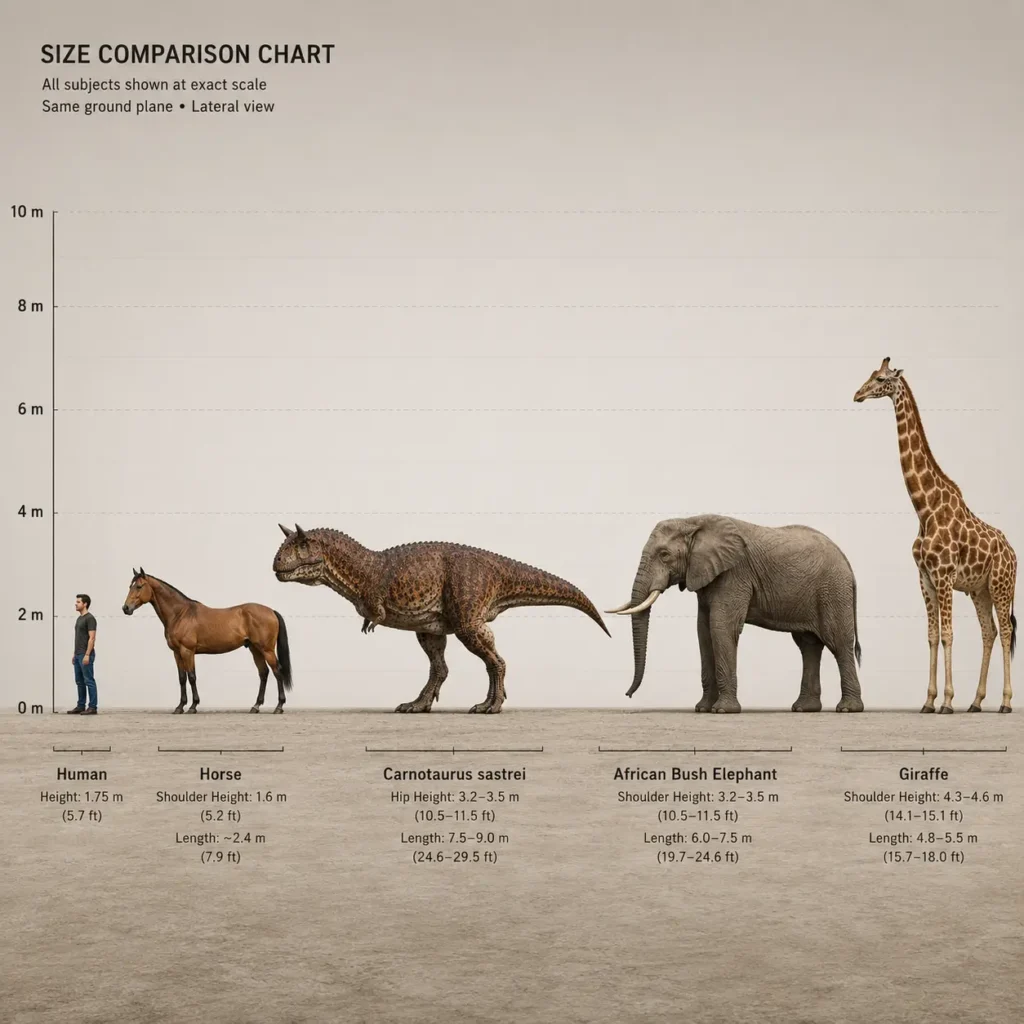Scale comparison chart showing Carnotaurus sastrei beside a modern human, horse, African bush elephant, and giraffe at the same scale, illustrating the dinosaur's relative size and proportions.