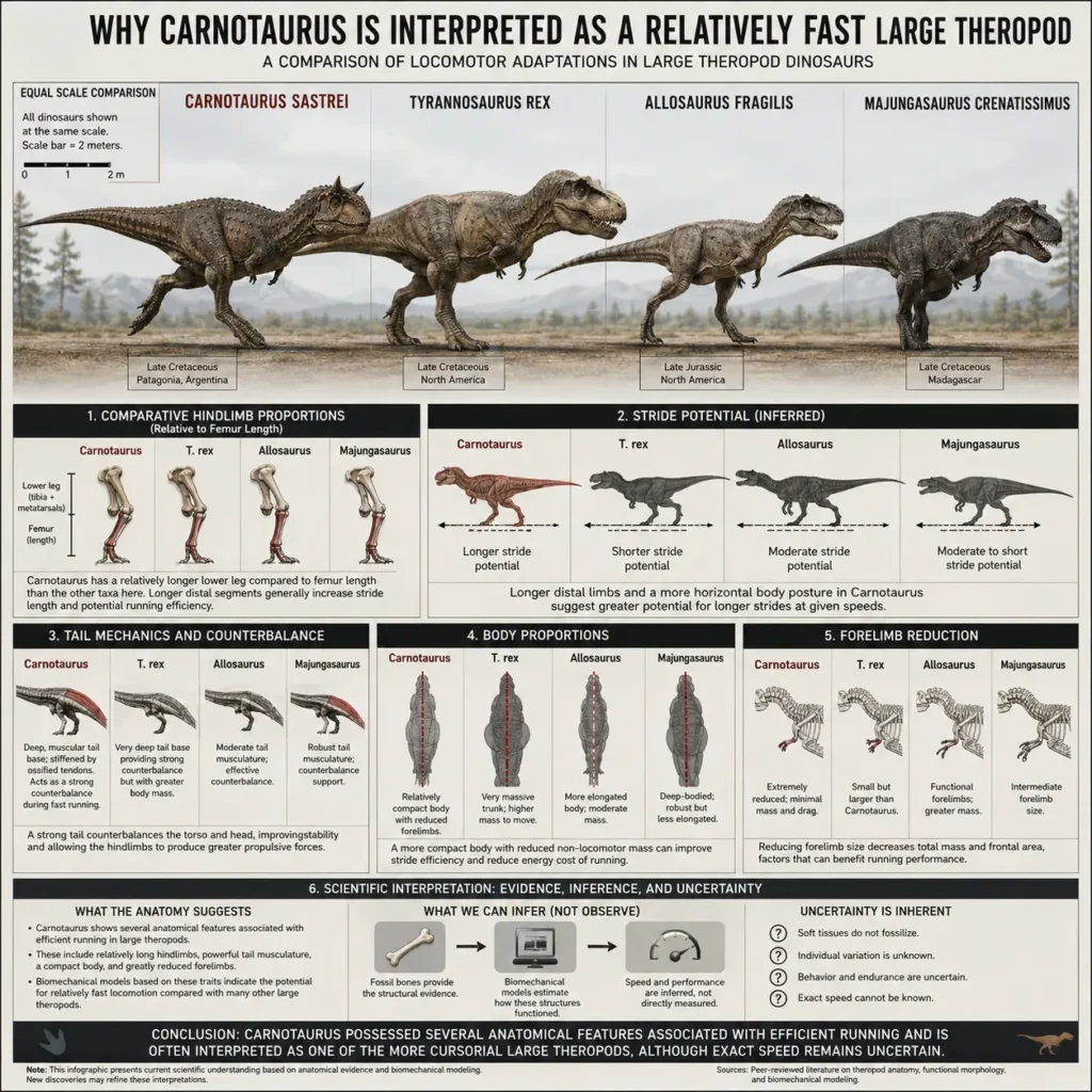 Educational infographic comparing the locomotor adaptations of Carnotaurus, Tyrannosaurus, Allosaurus, and Majungasaurus, showing hindlimb proportions, tail mechanics, body structure, forelimb reduction, and biomechanical evidence used to infer running ability.