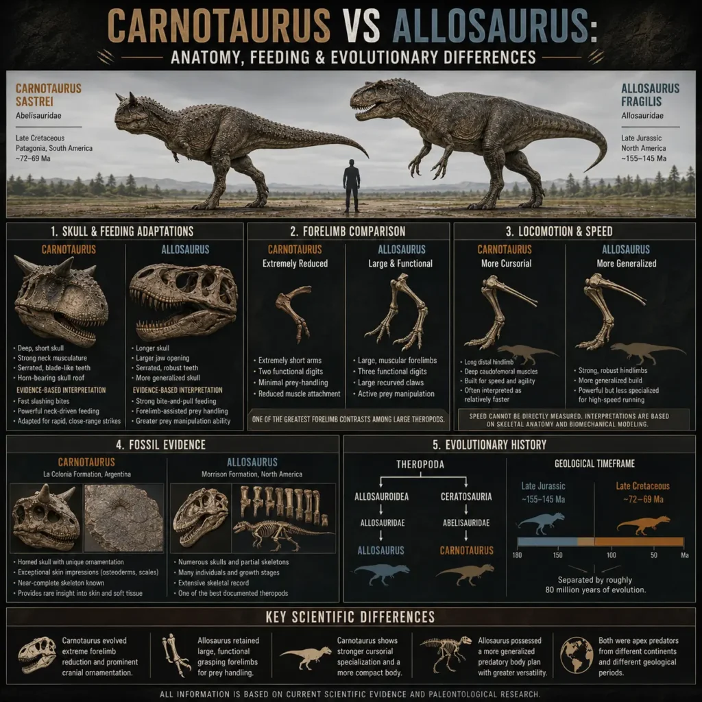 Scientific infographic comparing Carnotaurus sastrei and Allosaurus fragilis, showing skull anatomy, forelimb structure, locomotor adaptations, fossil evidence, evolutionary relationships, and major anatomical differences between the two theropod dinosaurs.