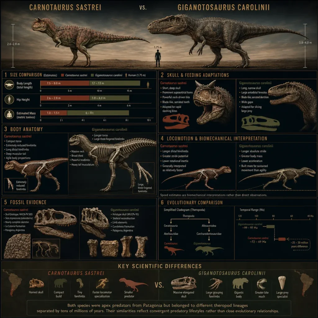 Scientific infographic comparing Carnotaurus sastrei and Giganotosaurus carolinii, highlighting differences in size, skull anatomy, body proportions, locomotion, feeding adaptations, fossil evidence, and evolutionary relationships between the two South American theropod dinosaurs.