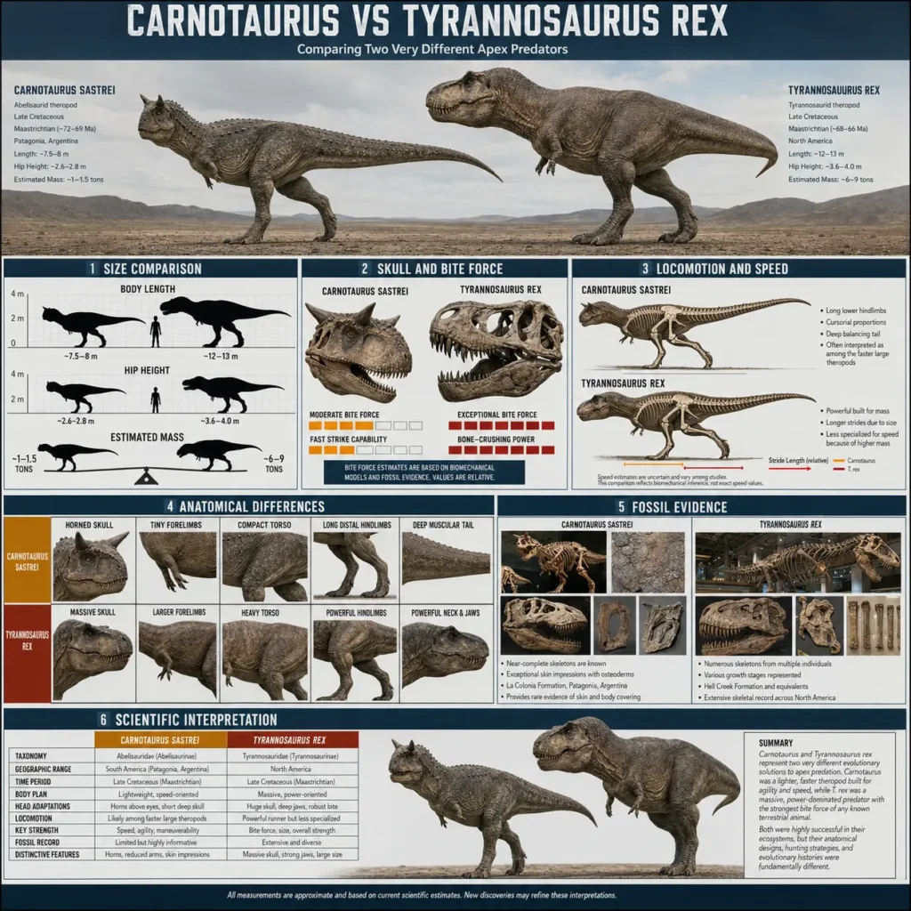 Educational infographic comparing Carnotaurus sastrei and Tyrannosaurus rex, including size, skull anatomy, bite force, locomotion, hindlimb adaptations, fossil evidence, and major scientific differences between the two theropod dinosaurs.