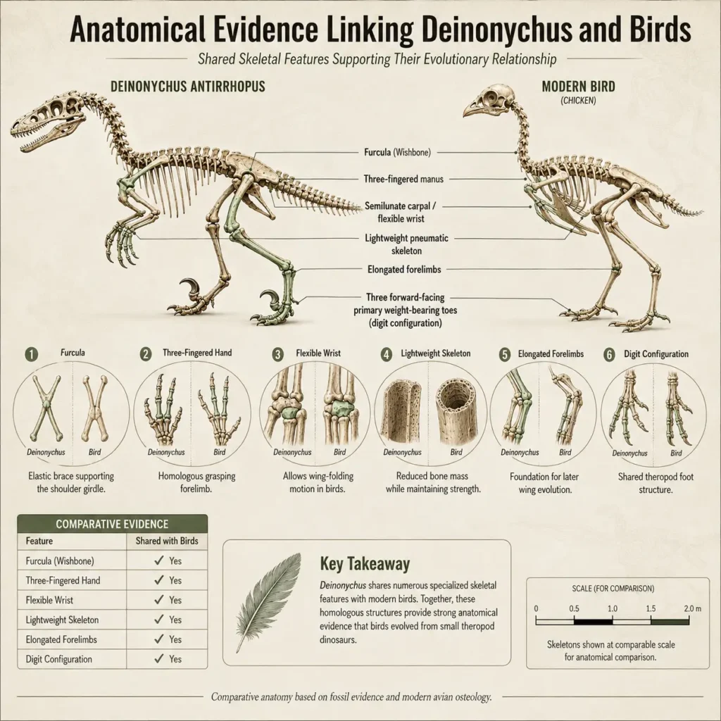 Museum-style comparative anatomy infographic showing the skeletons of Deinonychus antirrhopus and a modern bird side by side. The illustration highlights shared skeletal features including the furcula (wishbone), three-fingered hand, flexible wrist, lightweight skeleton, elongated forelimbs, and three primary weight-bearing toes, demonstrating the anatomical evidence linking birds and theropod dinosaurs.