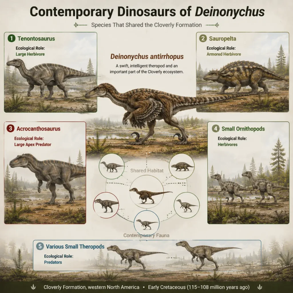 Museum-style infographic showing the contemporary dinosaurs that shared the Early Cretaceous Cloverly Formation with Deinonychus antirrhopus. The illustration features Tenontosaurus, Sauropelta, Acrocanthosaurus, small ornithopods, and various small theropods, with each species labeled by its ecological role within the ecosystem.