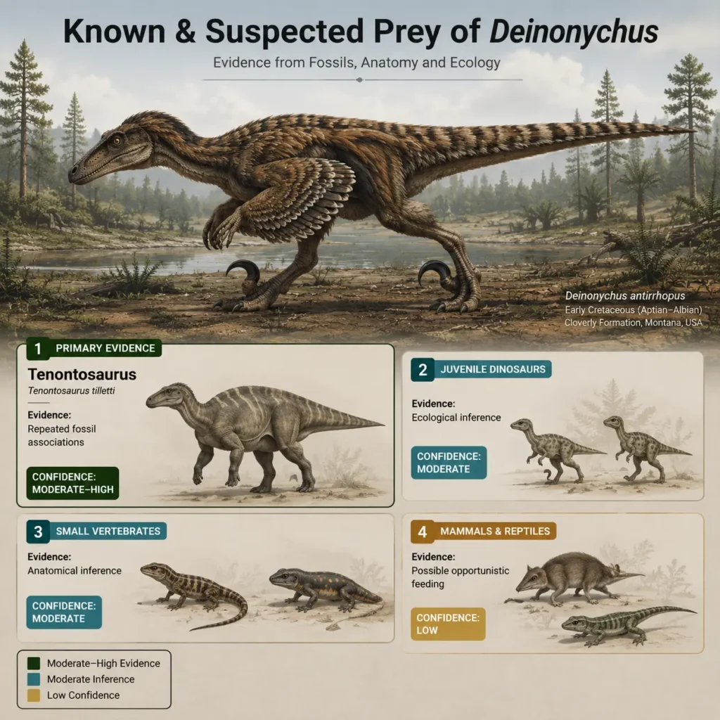 Museum-style infographic showing the known and suspected prey of Deinonychus antirrhopus. A scientifically accurate reconstruction is accompanied by evidence-ranked prey including Tenontosaurus (moderate–high confidence from repeated fossil associations), juvenile dinosaurs (moderate ecological inference), small vertebrates (moderate anatomical inference), and mammals and reptiles (low-confidence opportunistic prey).