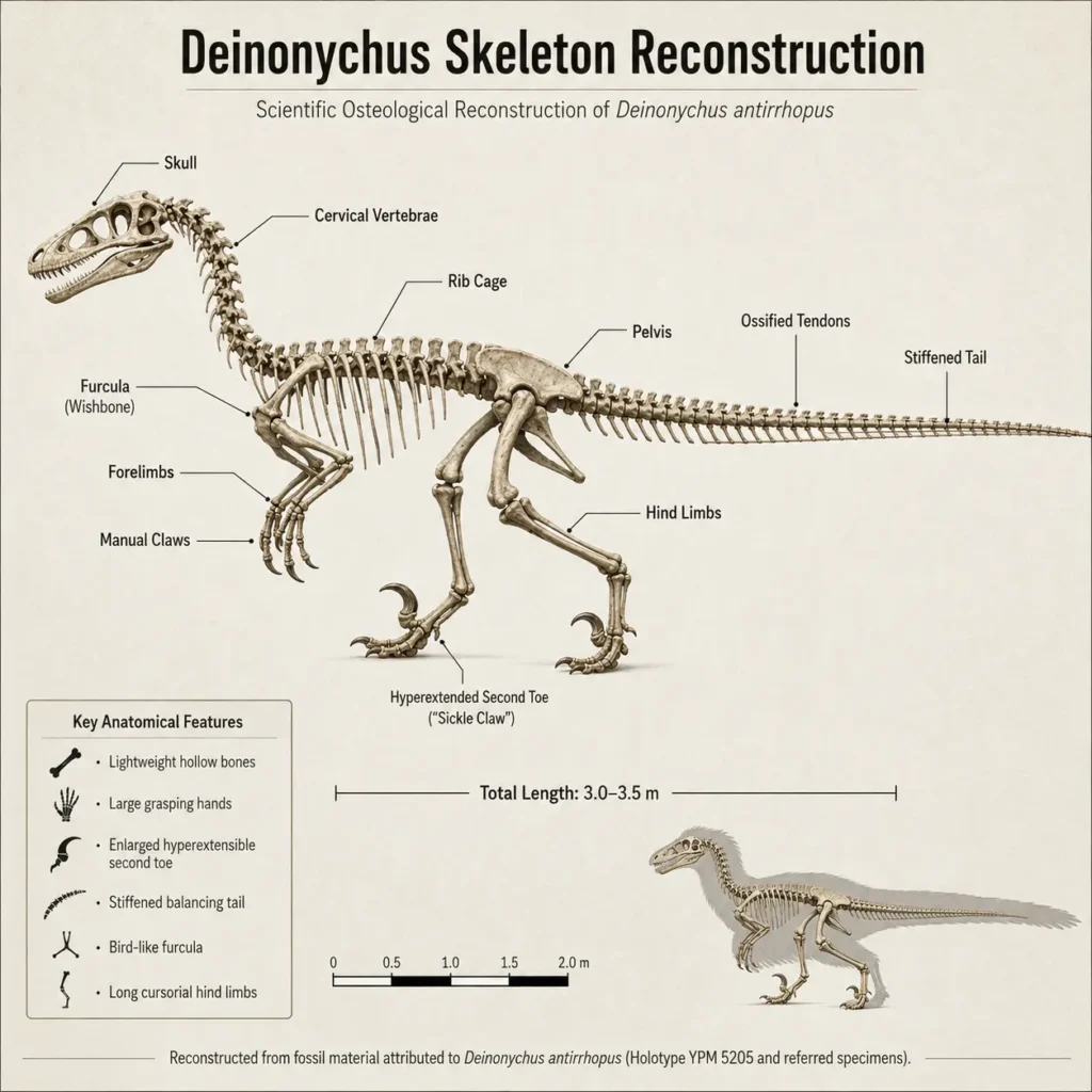 Museum-style scientific osteological reconstruction of Deinonychus antirrhopus showing a complete articulated skeleton in lateral view with labeled anatomical features including the skull, cervical vertebrae, furcula, forelimbs, pelvis, hind limbs, hyperextended second toe, ossified tendons, and stiffened tail, alongside a scale bar and life reconstruction overlay.