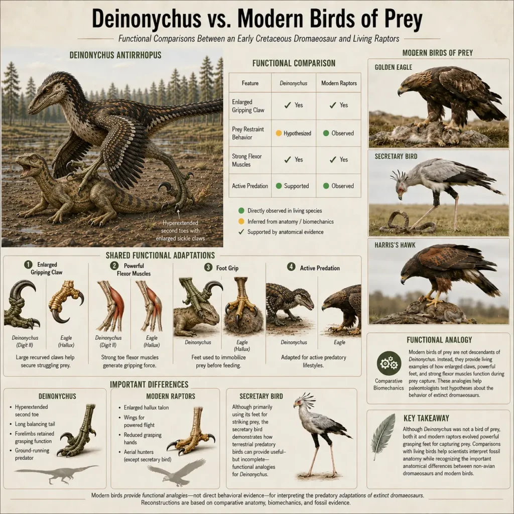 Museum-style infographic comparing Deinonychus antirrhopus with a golden eagle, secretary bird, and Harris's hawk. The illustration explains similarities and differences in gripping claws, prey restraint, flexor muscles, and predatory adaptations while emphasizing that living birds provide functional analogies rather than direct behavioral evidence for interpreting dromaeosaur biology.