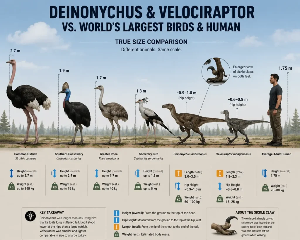 Scientifically accurate true size comparison showing Deinonychus antirrhopus, Velociraptor mongoliensis, a common ostrich, southern cassowary, greater rhea, secretary bird, and an average adult human. The educational infographic compares body length, hip height, overall height, estimated weight, and highlights the hyperextended sickle claw of both dromaeosaurs.