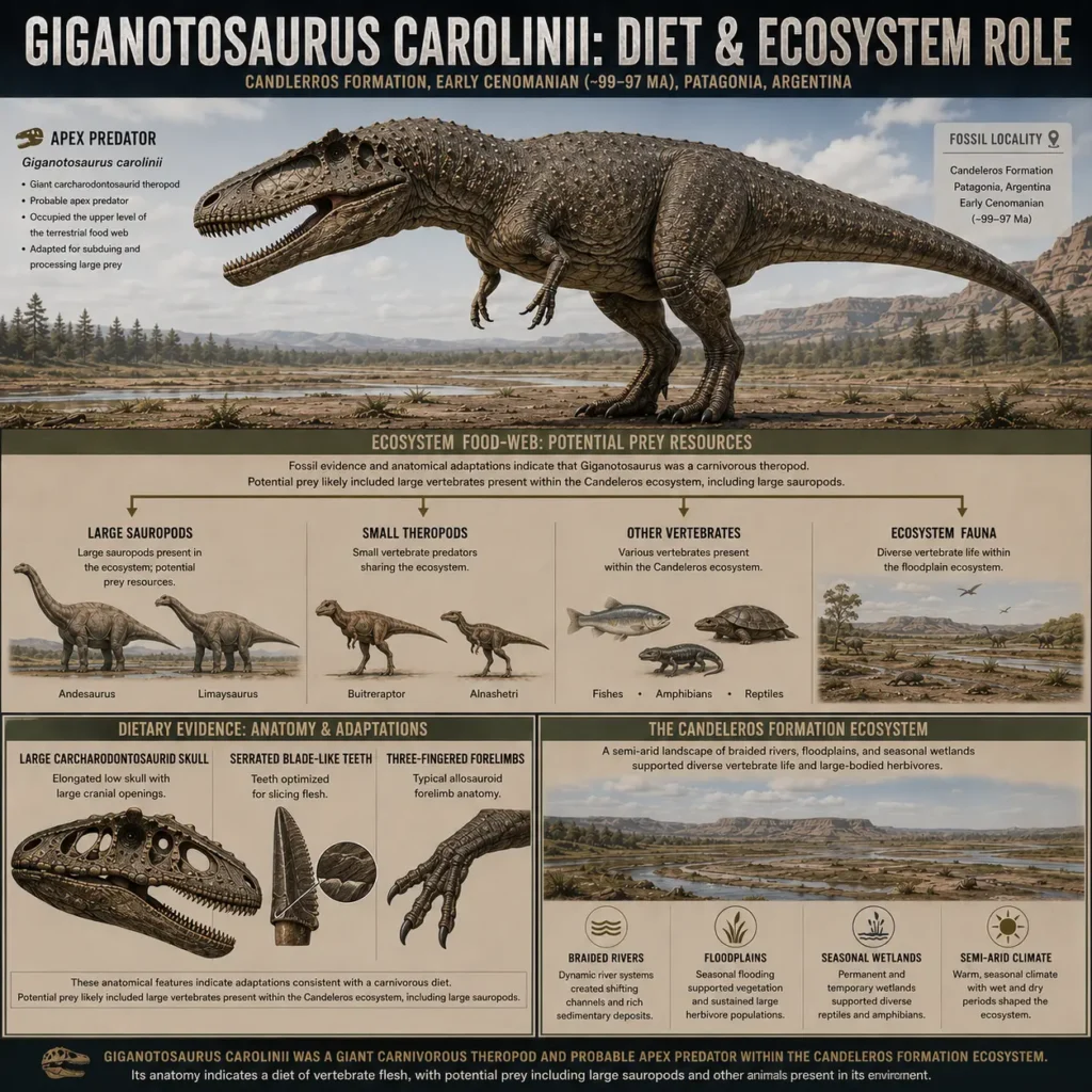 Square educational infographic showing the diet and ecosystem role of Giganotosaurus carolinii in the Candeleros Formation, including potential prey resources, anatomical feeding adaptations, and the Early Cenomanian environment of Patagonia.