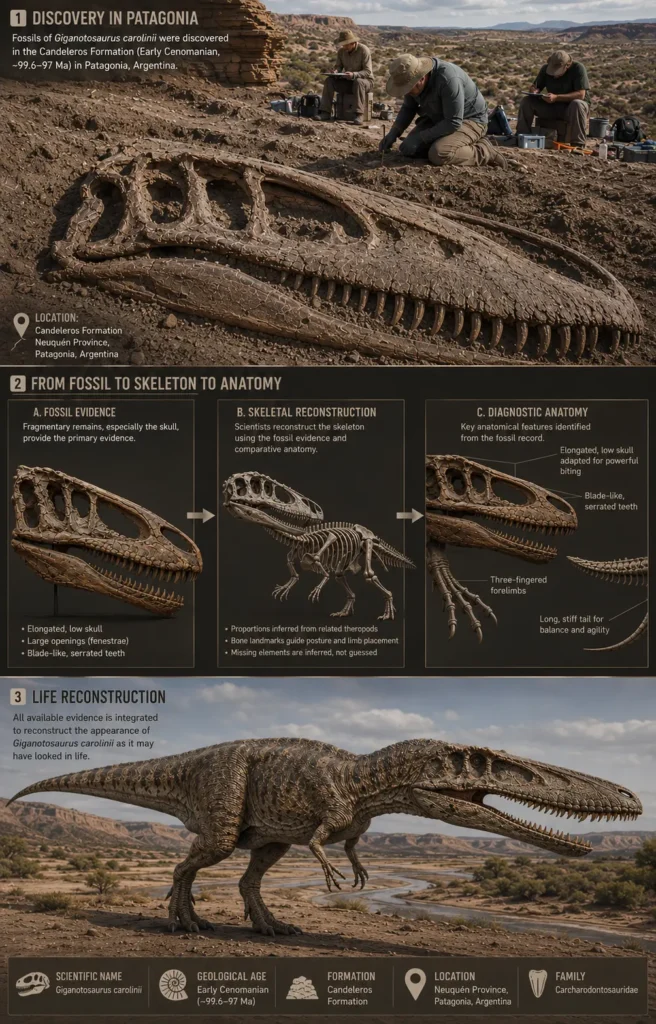 Vertical educational infographic showing how scientists reconstructed Giganotosaurus carolinii from fossil evidence. The image illustrates the process from fossil discovery in Patagonia to skeletal reconstruction, diagnostic anatomical analysis, and a full scientific life restoration of the giant carcharodontosaurid dinosaur.