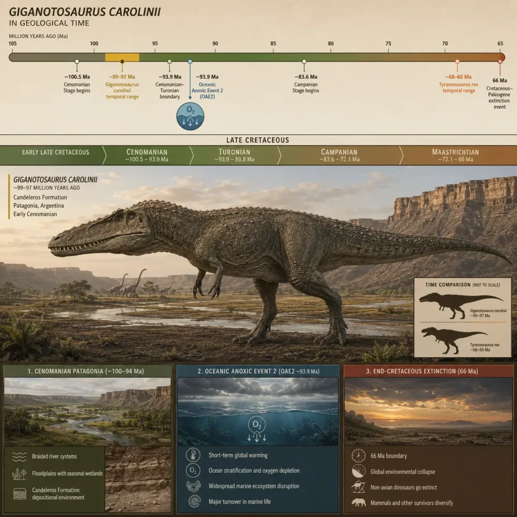 Scientific timeline showing Giganotosaurus carolinii living during the Cenomanian stage approximately 99–97 million years ago, alongside Oceanic Anoxic Event 2, Tyrannosaurus rex, and the end-Cretaceous extinction event.