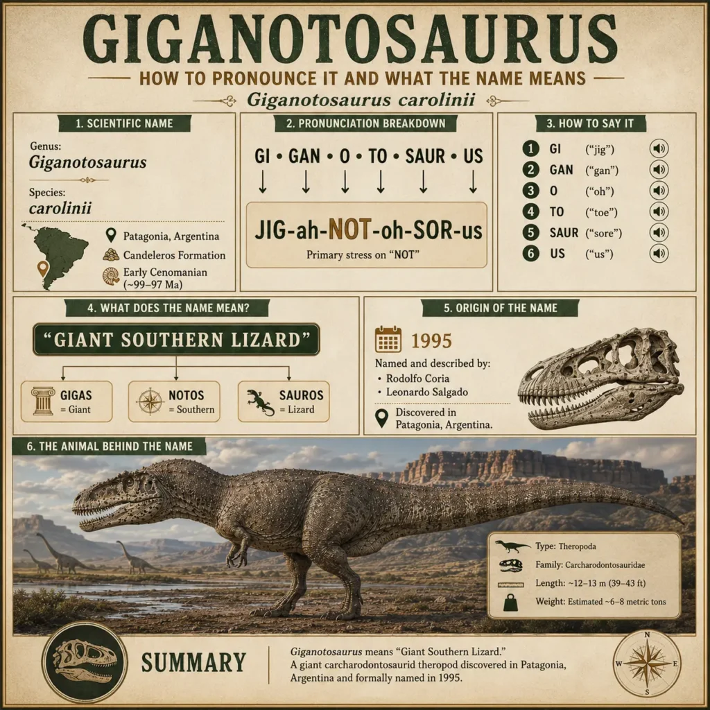 Square educational infographic explaining how to pronounce Giganotosaurus, the meaning of its name, Greek word origins, scientific classification, and a reconstruction of Giganotosaurus carolinii.
