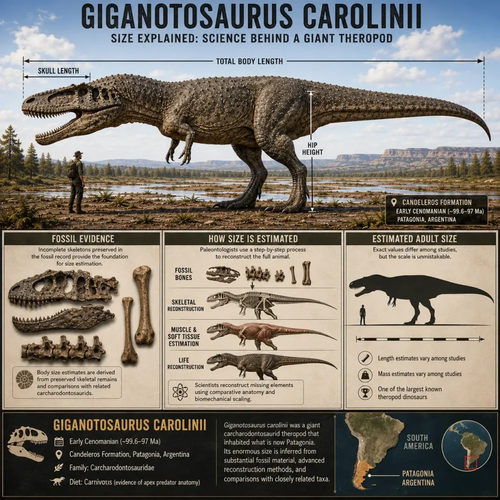 Scientific infographic showing how paleontologists estimate the size of Giganotosaurus carolinii using fossil remains, skeletal reconstruction, biomechanical scaling, and comparisons with a human silhouette.