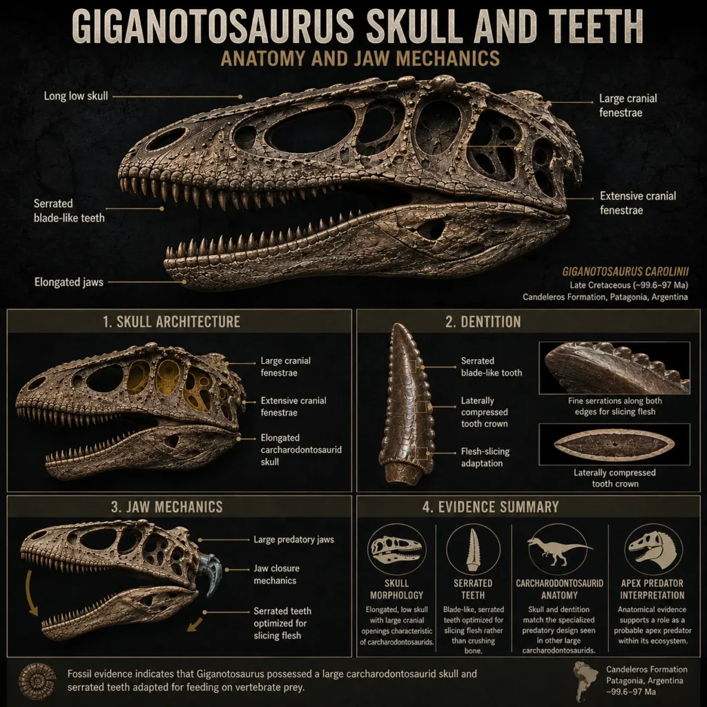 Educational infographic showing the skull anatomy, serrated teeth, cranial openings, and jaw structure of Giganotosaurus carolinii based on fossil evidence from the Candeleros Formation.
