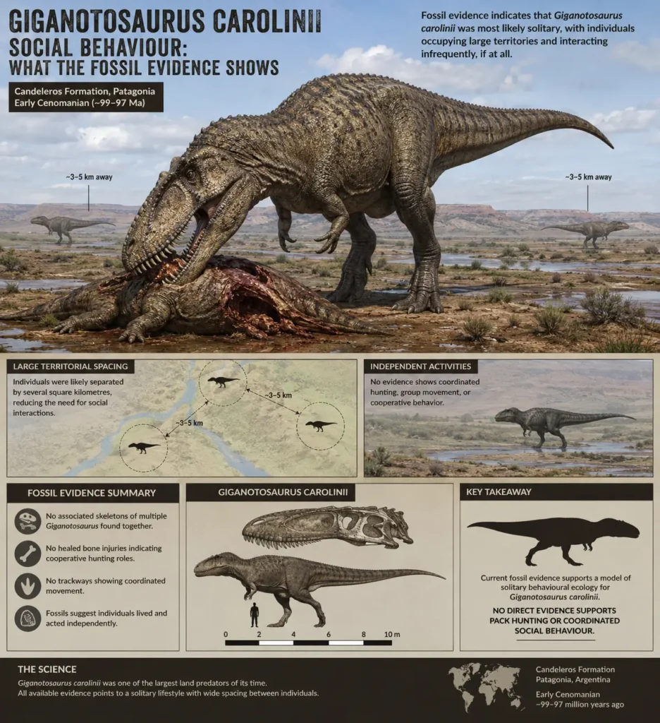 Educational infographic exploring the social behaviour of Giganotosaurus carolinii. A large adult feeds alone on a carcass within the Late Cretaceous Candeleros Formation of Patagonia while other individuals remain far apart across the floodplain. Supporting panels illustrate habitat context, anatomy, and the current lack of direct fossil evidence for pack hunting or coordinated social behaviour.