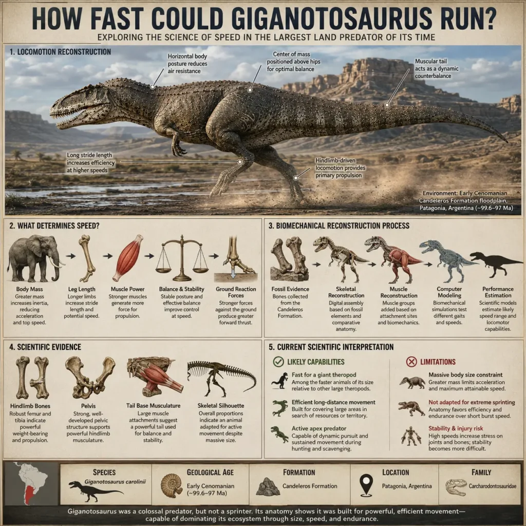 Scientific infographic explaining Giganotosaurus locomotion, biomechanical speed estimates, hindlimb anatomy, muscle reconstruction, and evidence used to study theropod running ability.