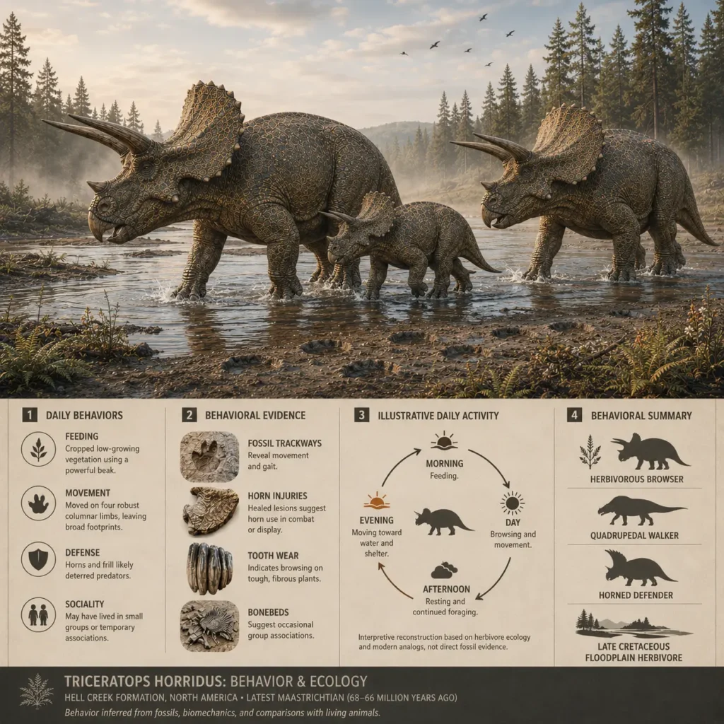 Semi-infographic showing two adult and one juvenile Triceratops horridus crossing a shallow river in the Hell Creek ecosystem, with educational panels explaining feeding behavior, movement, defense, possible social behavior, fossil evidence including trackways, horn injuries, tooth wear and bonebeds, plus an interpretive daily activity cycle based on paleontological research.