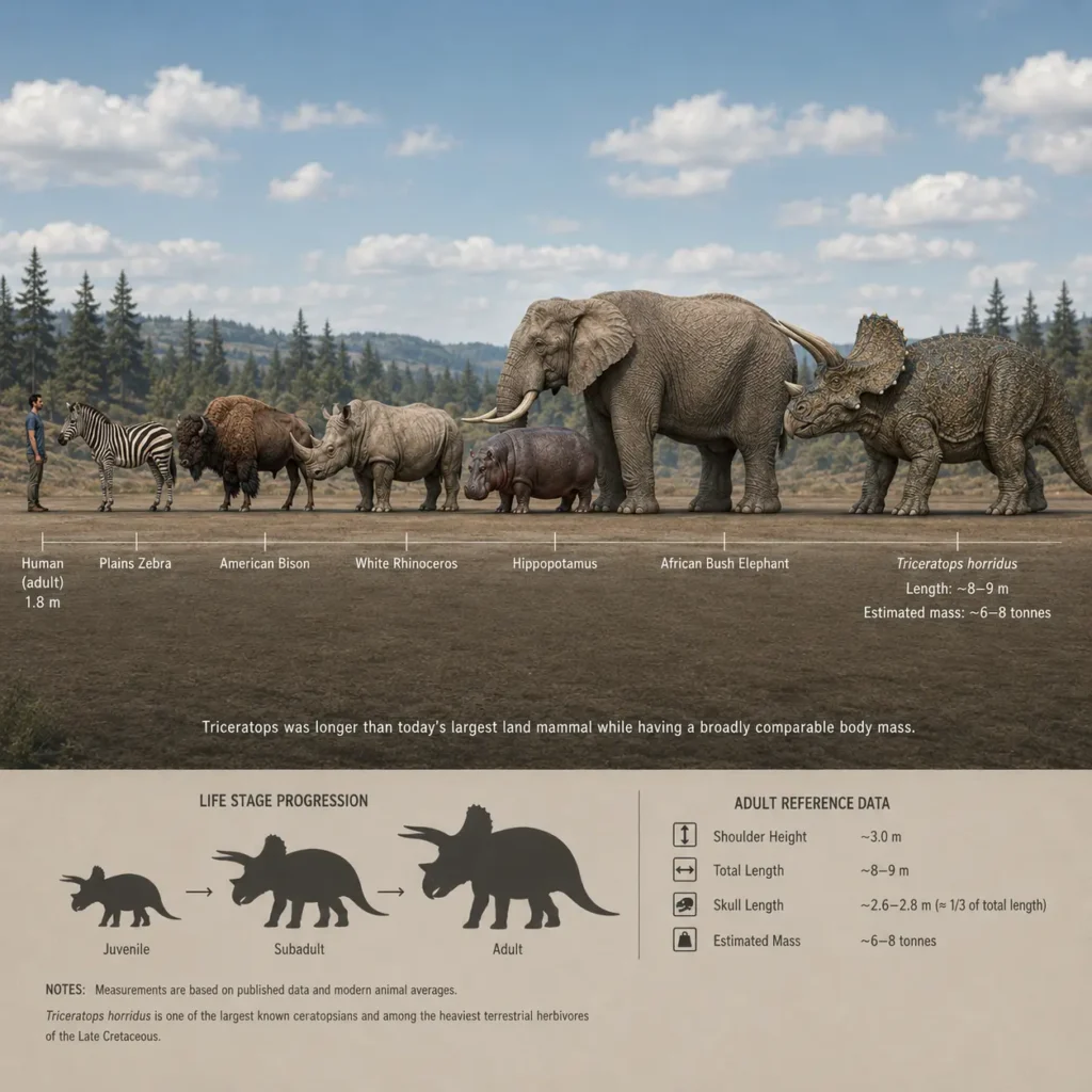 Scientific infographic comparing the size of an adult Triceratops horridus with a human, plains zebra, American bison, white rhinoceros, hippopotamus, and African bush elephant. The image includes life-stage silhouettes and reference data showing an estimated length of 8–9 metres, shoulder height of about 3 metres, skull length of up to 2.5 metres, and estimated mass of 6–8 tonnes.