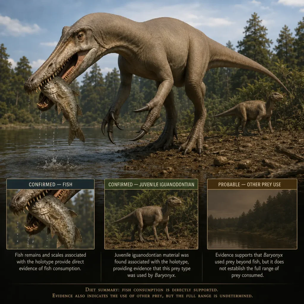 Structured diet evidence for Baryonyx walkeri showing confirmed fish consumption, juvenile iguanodontian prey evidence, and probable use of other prey.