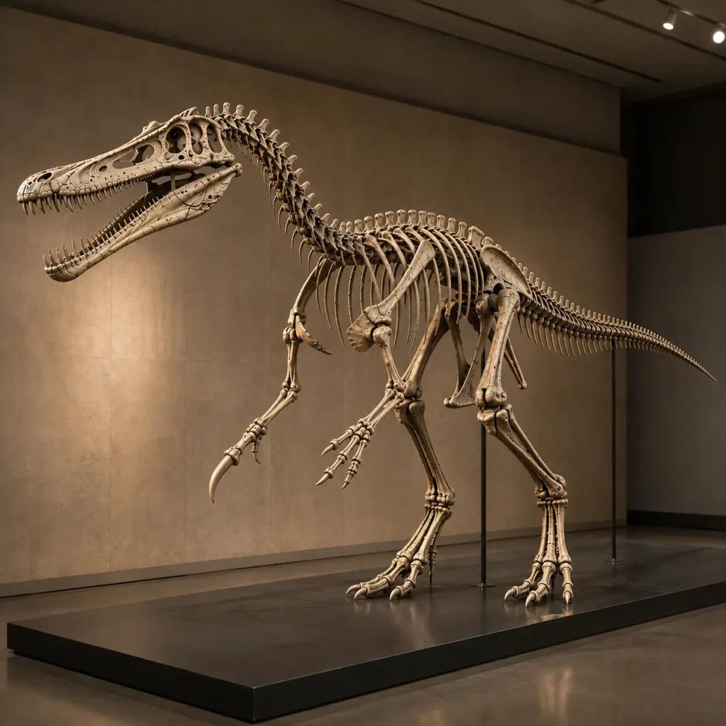 Skeletal reconstruction of Baryonyx walkeri showing its long narrow skull, robust forelimbs, bipedal skeleton, and enlarged first manual claw.