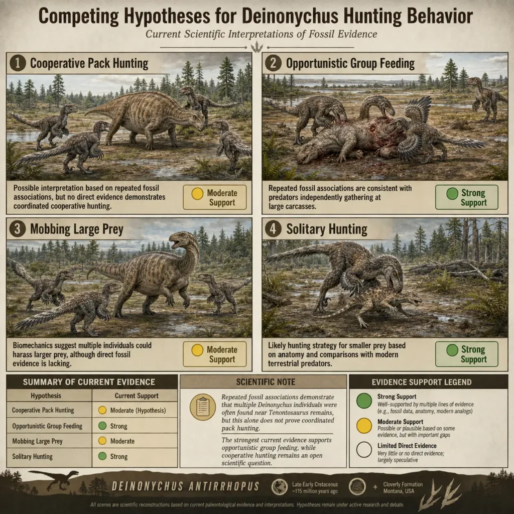 Scientific infographic comparing four leading hypotheses for Deinonychus hunting behavior—cooperative pack hunting, opportunistic group feeding, mobbing large prey, and solitary hunting—with current evidence showing that repeated fossil associations support group feeding more strongly than coordinated pack hunting. 