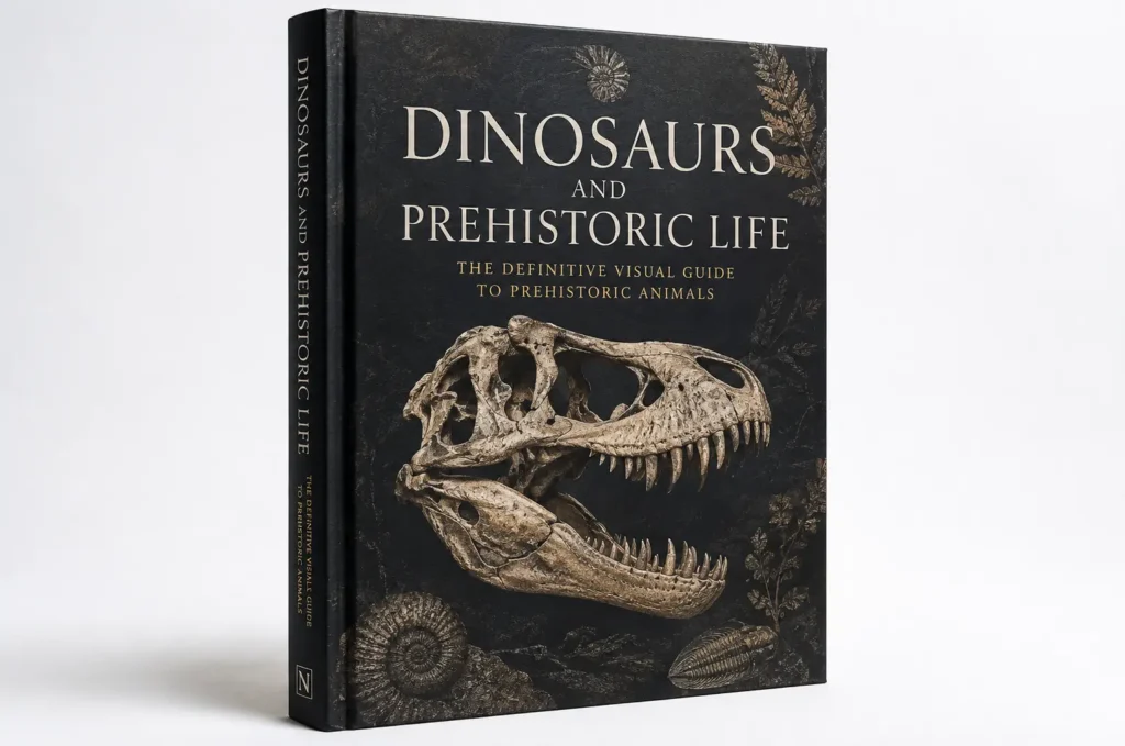 Editorial image of the hardcover book Dinosaurs and Prehistoric Life: The Definitive Visual Guide to Prehistoric Animals, featuring a fossilized dinosaur skull on a dark cover