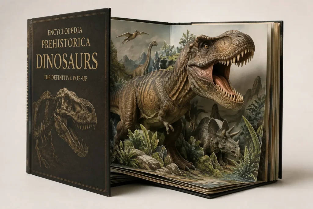Editorial image of Encyclopedia Prehistorica: Dinosaurs — The Definitive Pop-Up, an open hardcover pop-up book featuring a three-dimensional Tyrannosaurus rex