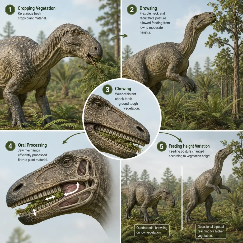 Five-panel educational illustration showing how Iguanodon bernissartensis fed, including cropping vegetation with its beak, browsing at different heights, chewing with closely packed cheek teeth, oral processing, and varying feeding posture.