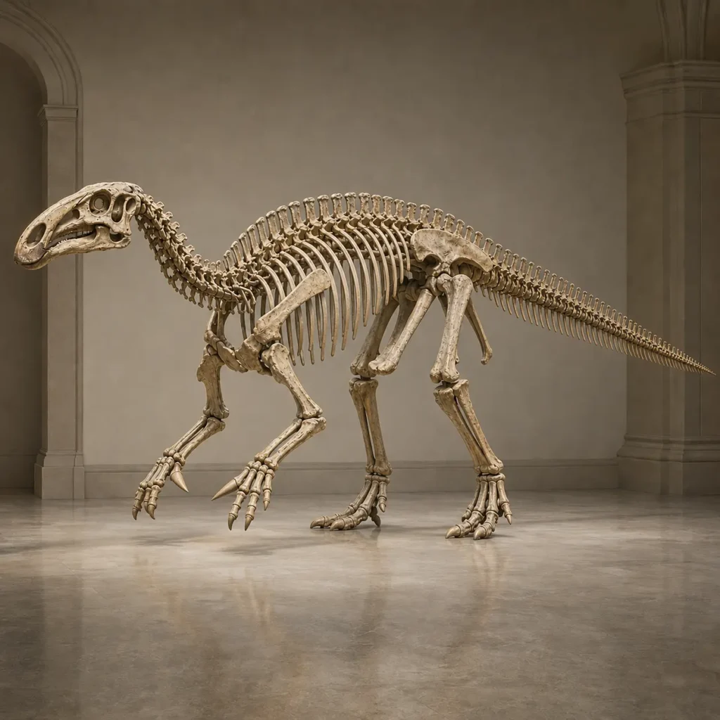 Articulated skeleton of Iguanodon bernissartensis displayed in a natural quadrupedal stance, showing its beaked skull, distinctive thumb spikes, robust limbs, and long elevated tail in a museum-style reconstruction.