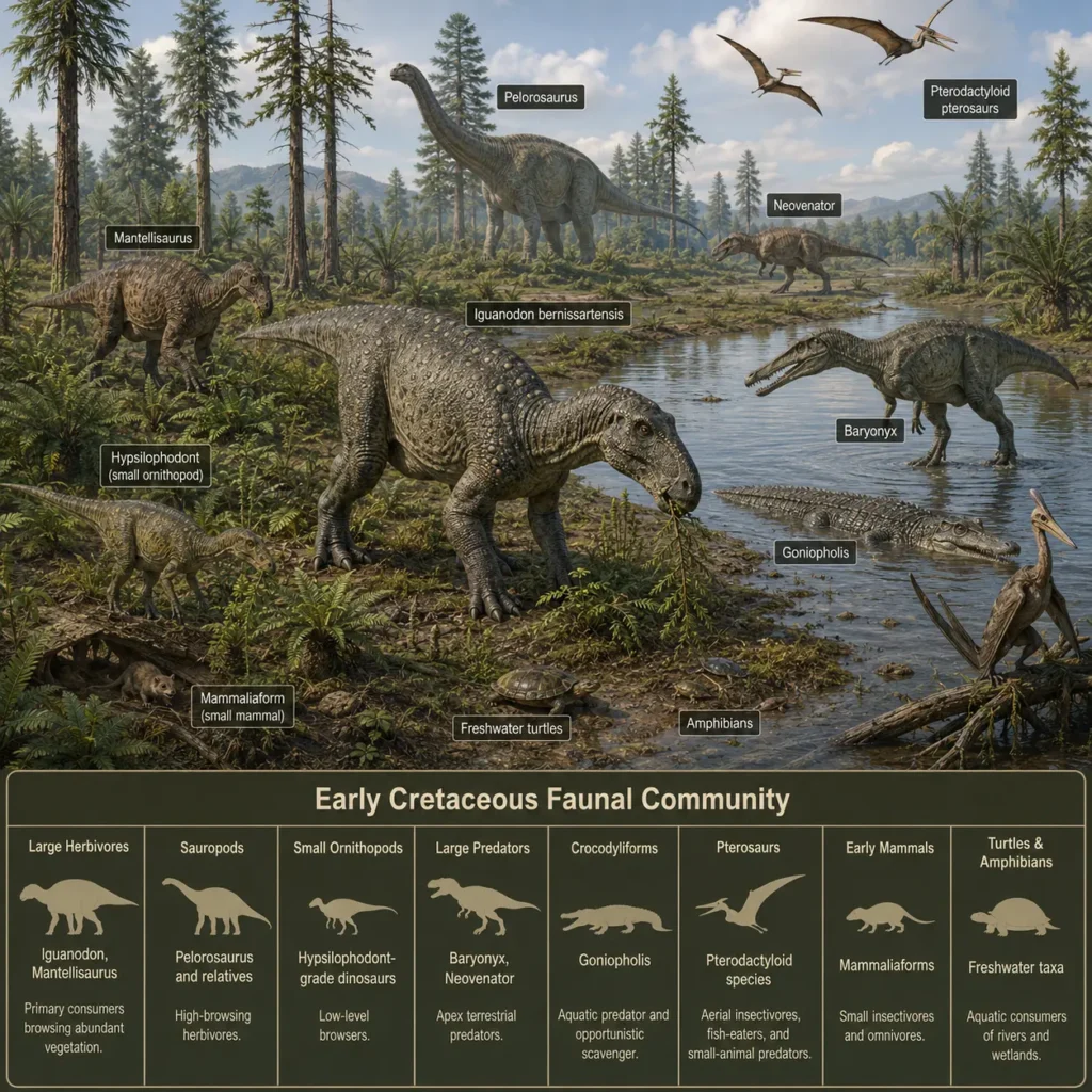 Illustration of Iguanodon bernissartensis within an Early Cretaceous European ecosystem alongside Mantellisaurus, Pelorosaurus, Baryonyx, Neovenator, Goniopholis, pterosaurs, small ornithopods, early mammals, freshwater turtles, and amphibians.