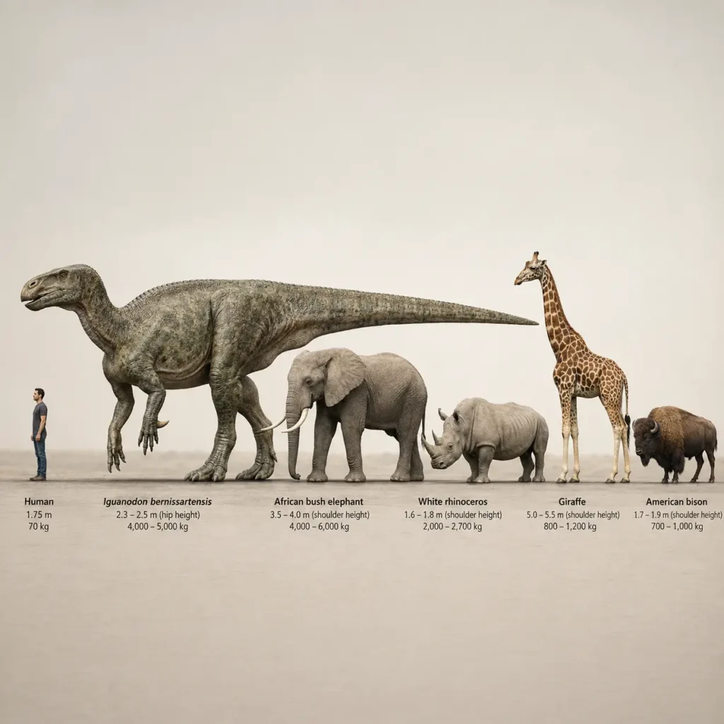 Size comparison showing Iguanodon bernissartensis alongside an average adult human, an African bush elephant, a white rhinoceros, a giraffe, and an American bison, illustrating their relative height and body mass.