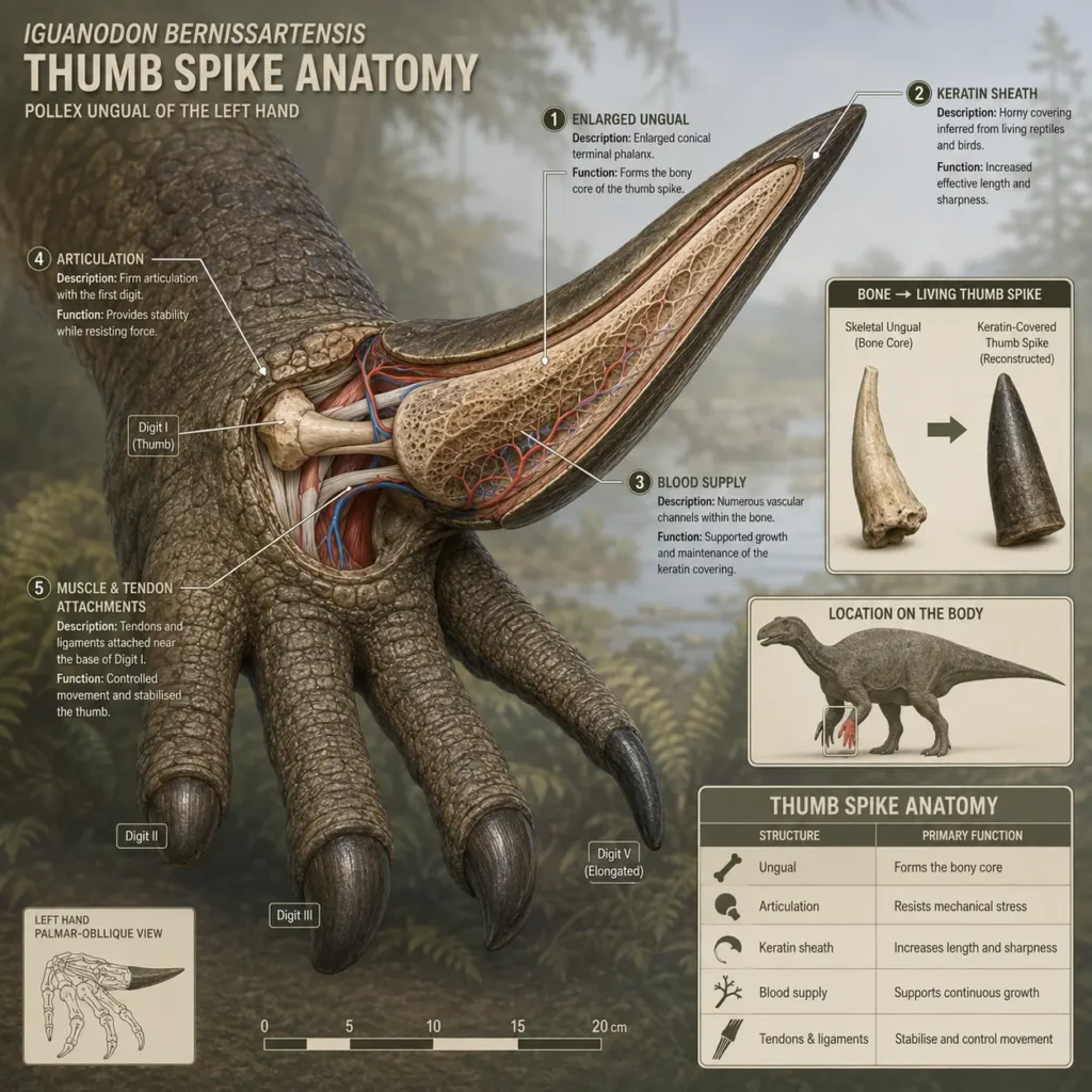 Detailed cutaway illustration of the left thumb spike of Iguanodon bernissartensis, showing the enlarged ungual, keratin sheath, vascular channels, articulation, tendons, and surrounding hand anatomy.