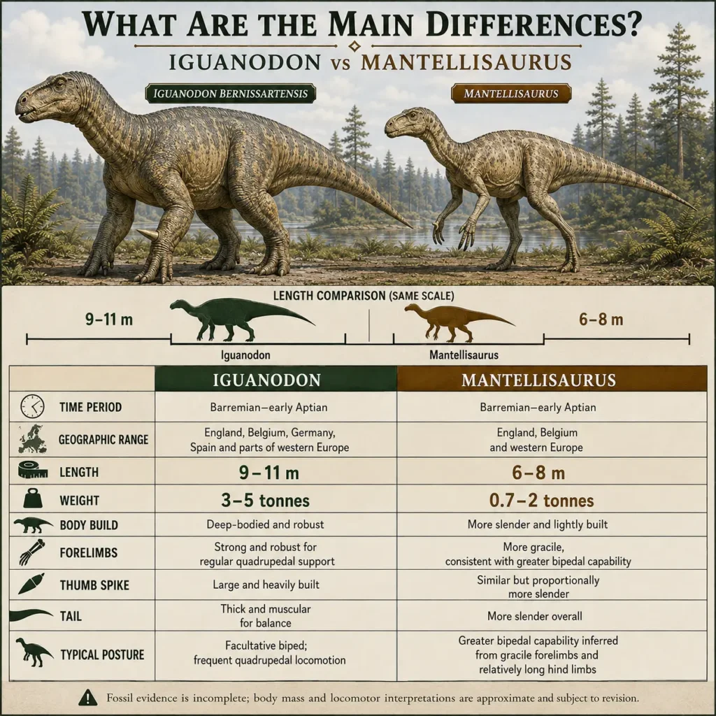 Side-by-side comparison of Iguanodon and Mantellisaurus showing differences in size, body build, forelimbs, thumb spikes, tails, and posture
